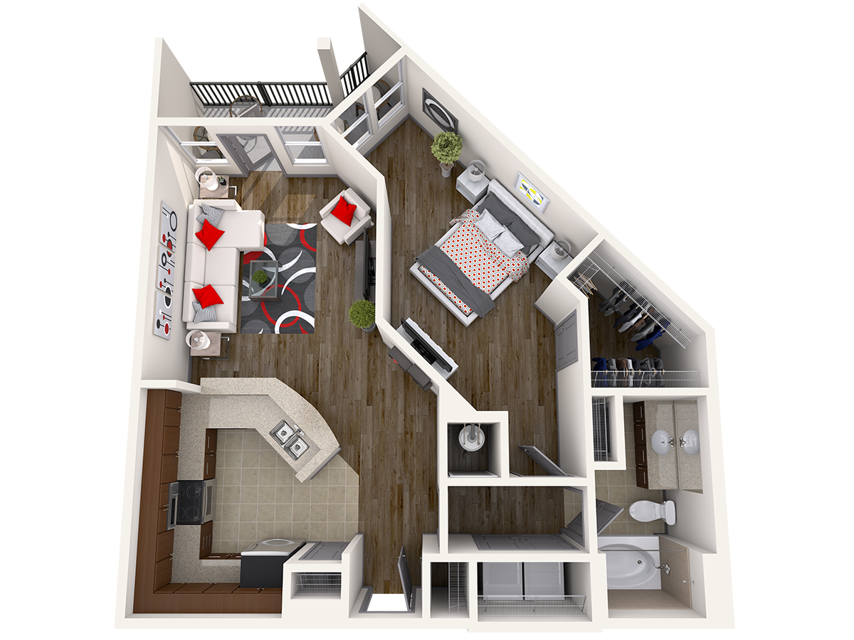 Floor plan for 1 bed, 1 bath, 772 sqft